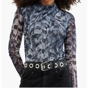 ALLSAINTS Blue Mesh Top 6, Long Sleeve High Neck W/Cross Design And Ruffle Sides